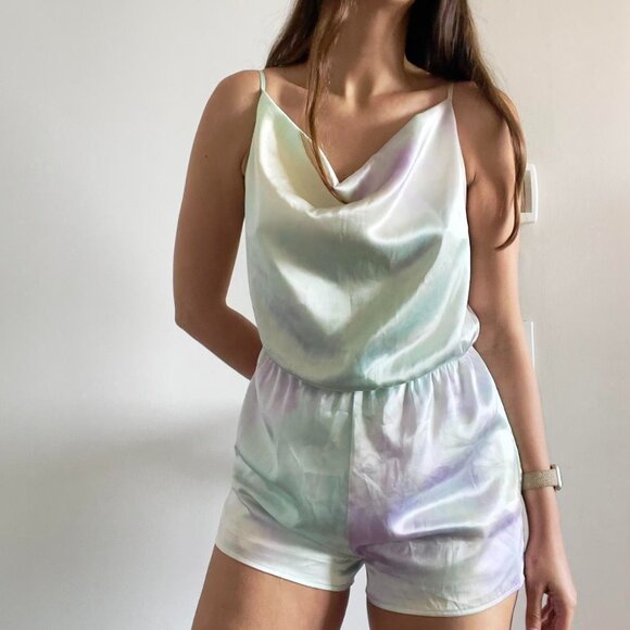 Peach Love | Satin pastel rainbow drape cowl romper | Size S - Picture 1 of 6